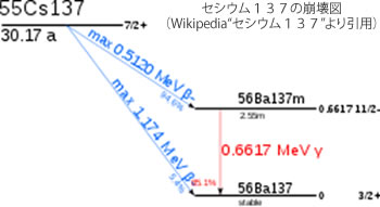 セシウム１３７の崩壊図（Wikipedia“セシウム１３７”より引用）